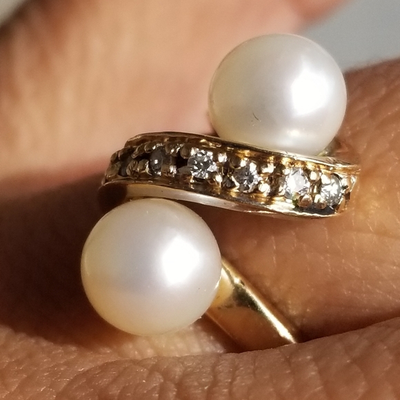 Sale! Vintage 14k toi moi Pearls & diamonds bypass gold ring - Picture 10 of 11